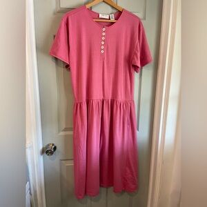 Talbots Women's Petite L Vintage 100% Cotton Pink Button-Front Drop Waist Dress